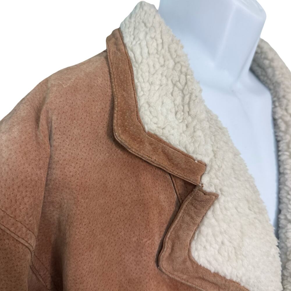 Vintage 90s Tan Black Leather Southwest Sherpa Lined Trucker Jacket size XXL - Picture 13 of 16